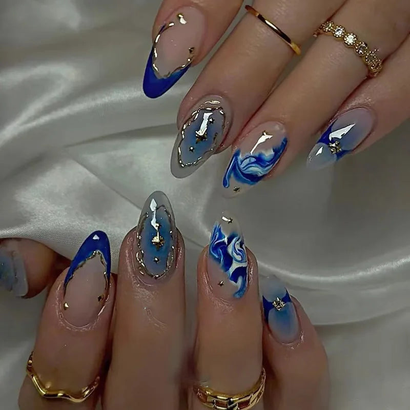 24Pcs Blue French Almond Press On Nails Set