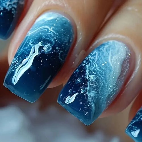 24Pcs Blue Wave Press On Fake Nails Set