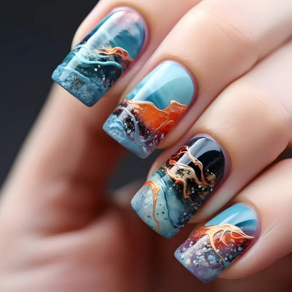 24Pcs Blue Wave Press On Fake Nails Set