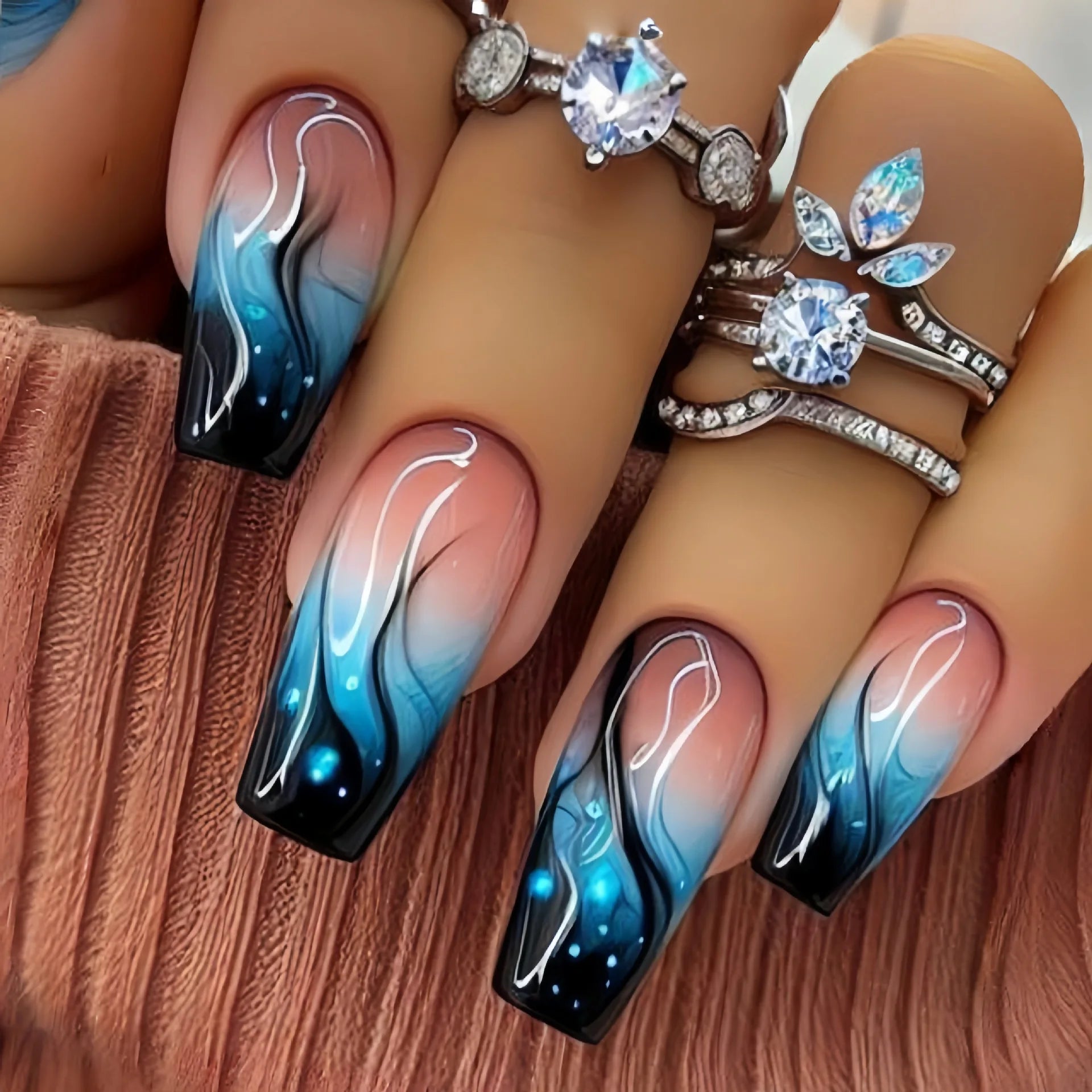 24Pcs Blue Wave Press On Fake Nails Set