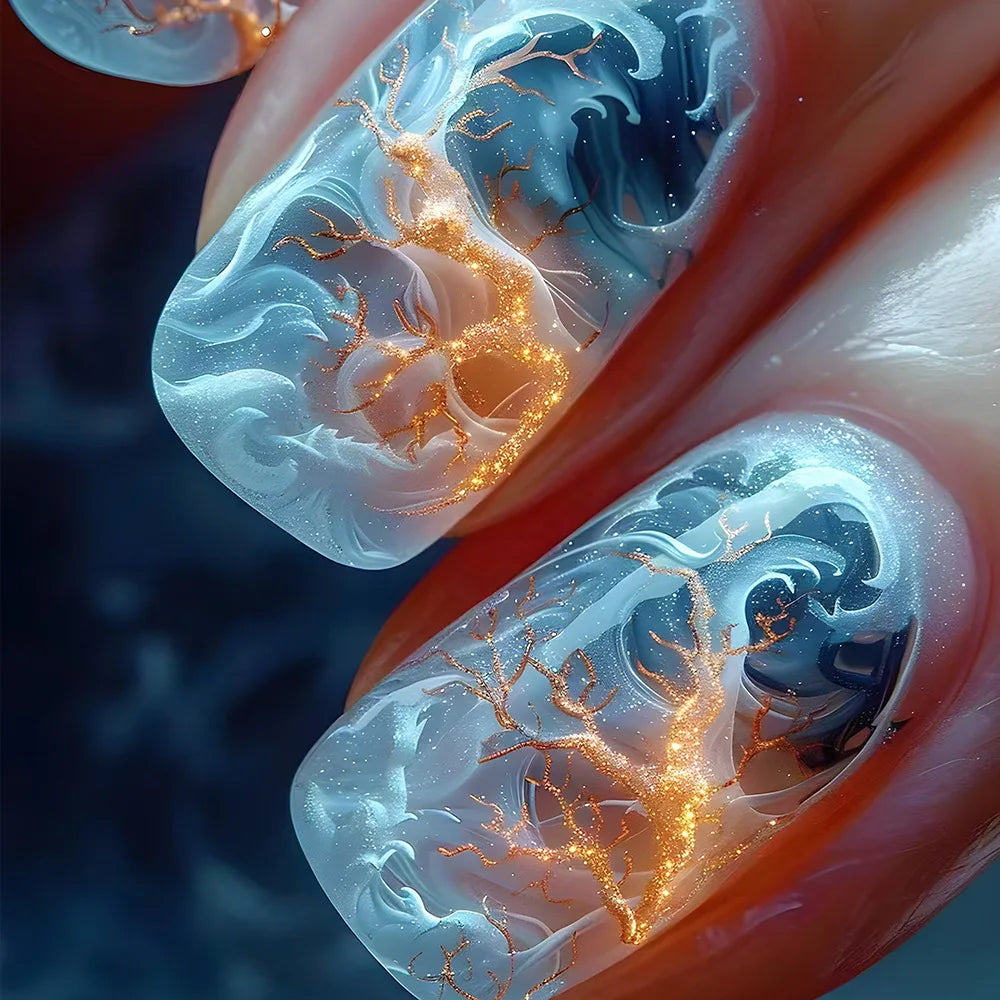 24Pcs Blue Wave Press On Fake Nails Set