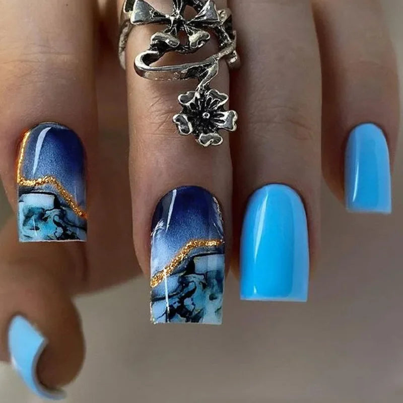 24Pcs Blue Wave Press On Fake Nails Set