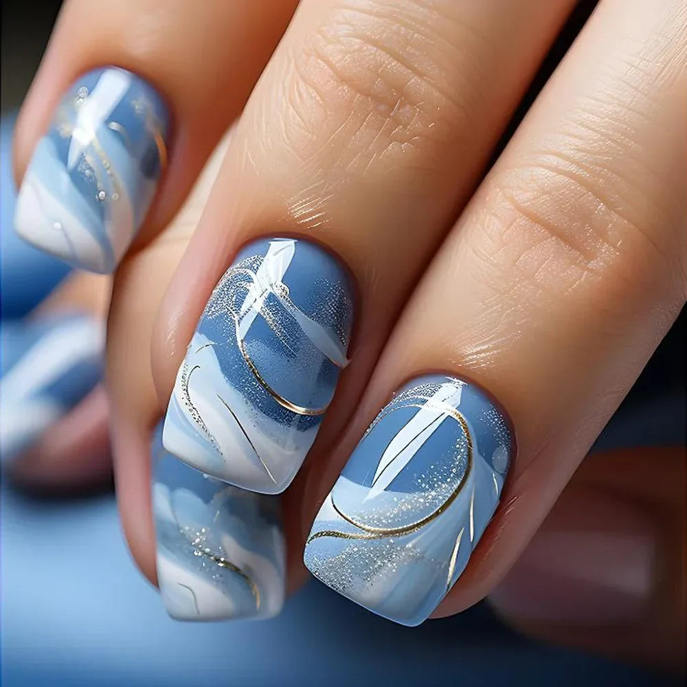 24Pcs Blue Wave Press On Fake Nails Set