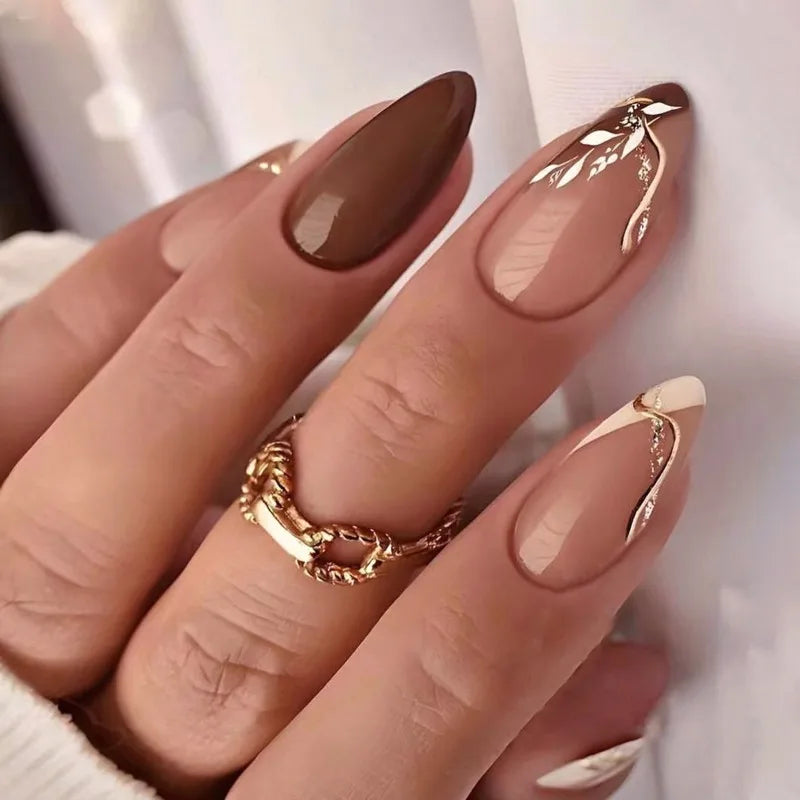 24Pcs Medium Almond Brown Leaf Press-On Nails
