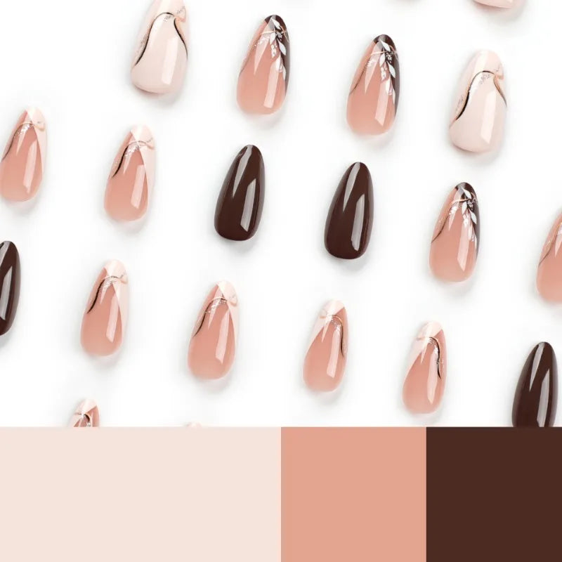 24Pcs Medium Almond Brown Leaf Press-On Nails