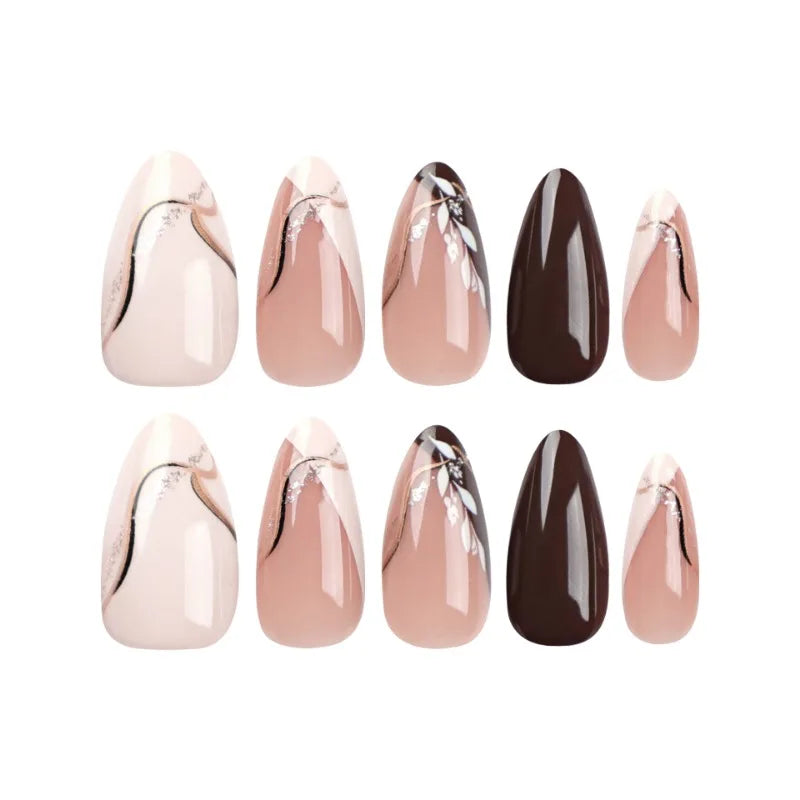 24Pcs Medium Almond Brown Leaf Press-On Nails