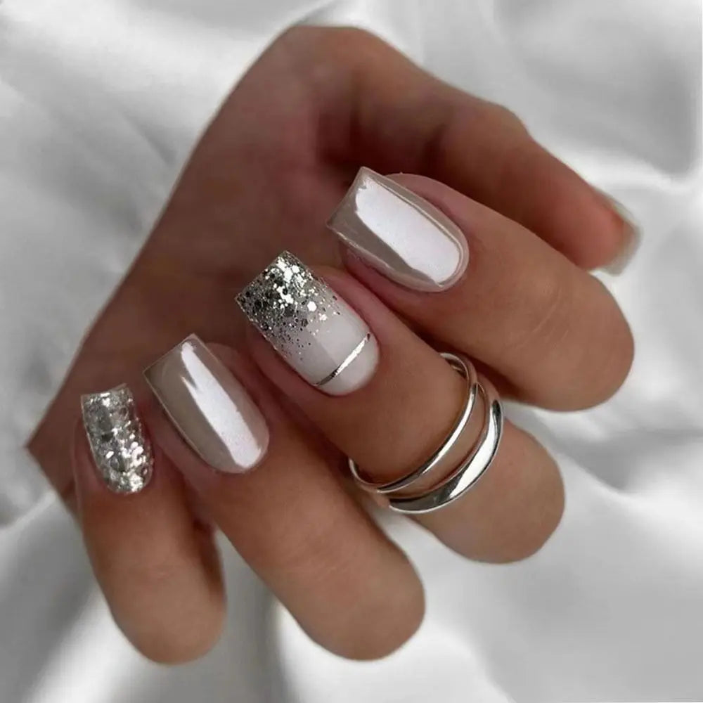 24pcs French Silver Press On Nails Set
