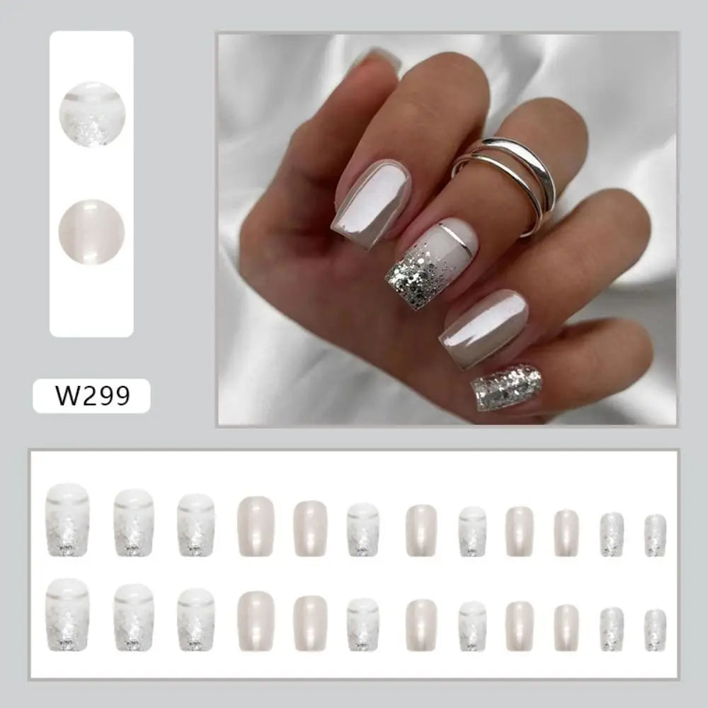 24pcs French Silver Press On Nails Set