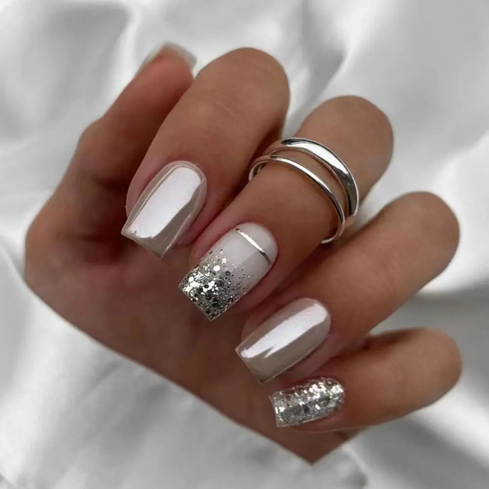 24pcs French Silver Press On Nails Set