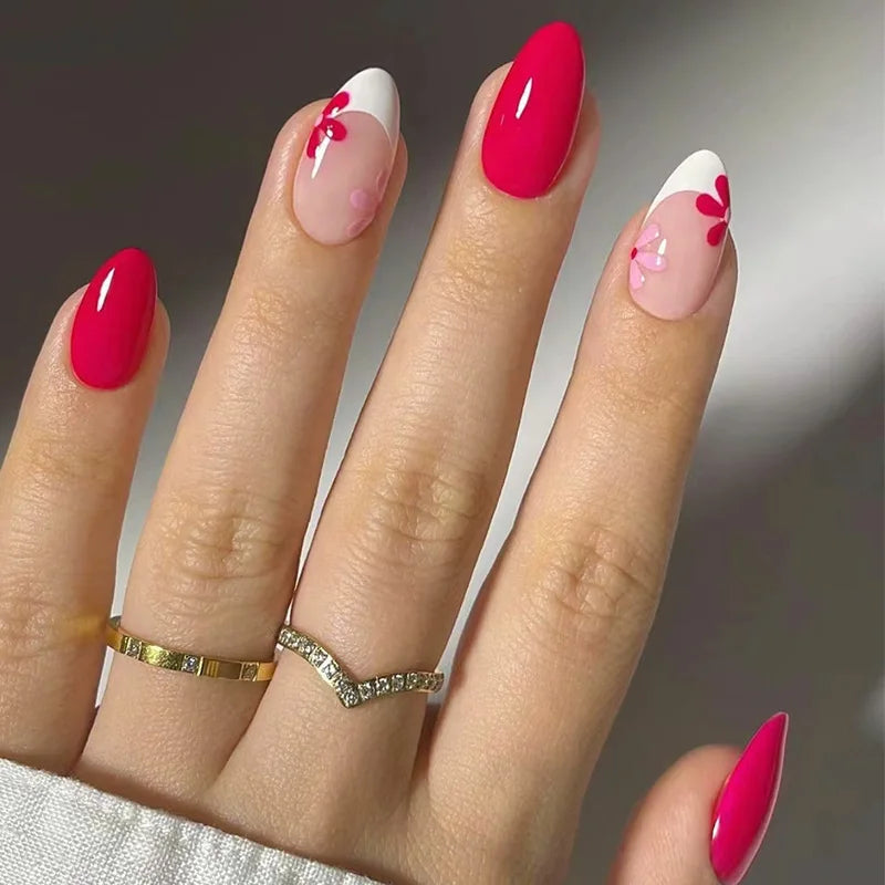 24pcs Rose Red French Flower Press On Nails