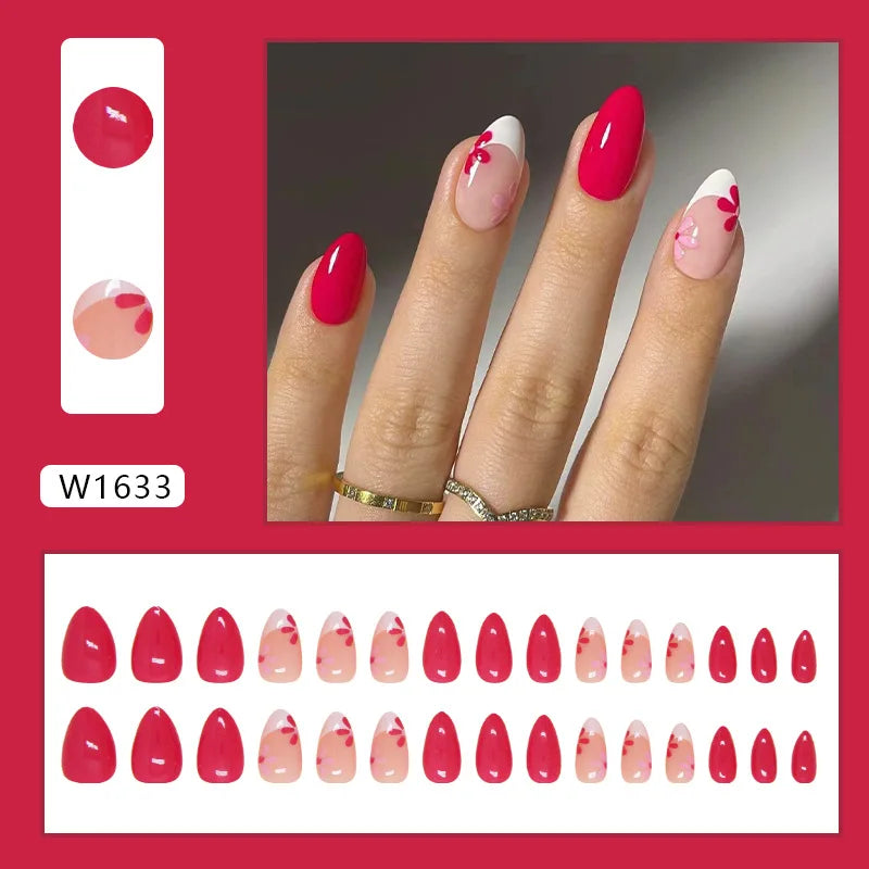 24pcs Rose Red French Flower Press On Nails