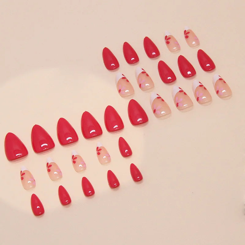 24pcs Rose Red French Flower Press On Nails