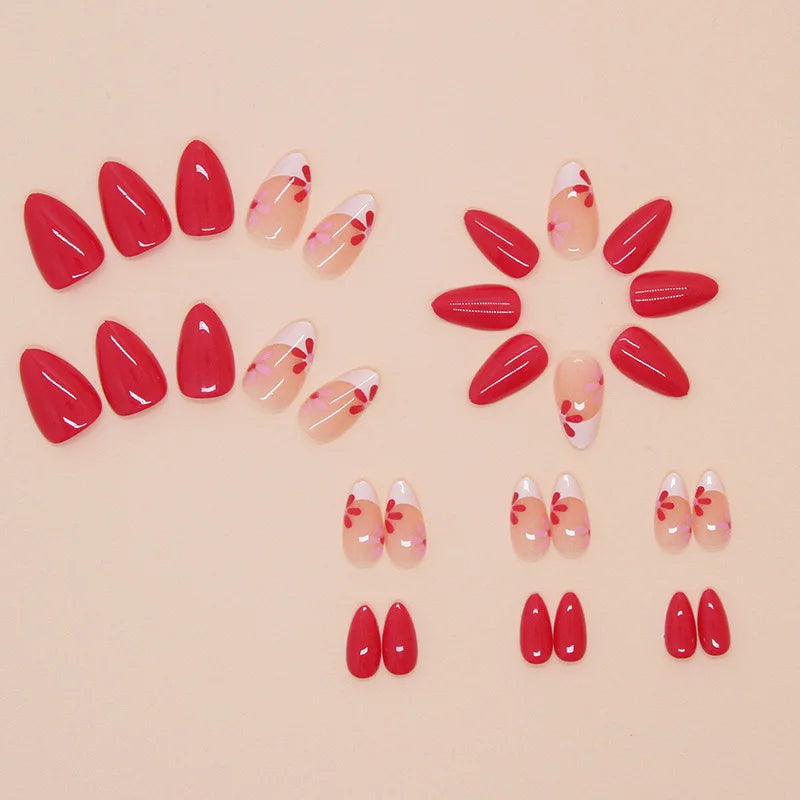 24pcs Rose Red French Flower Press On Nails