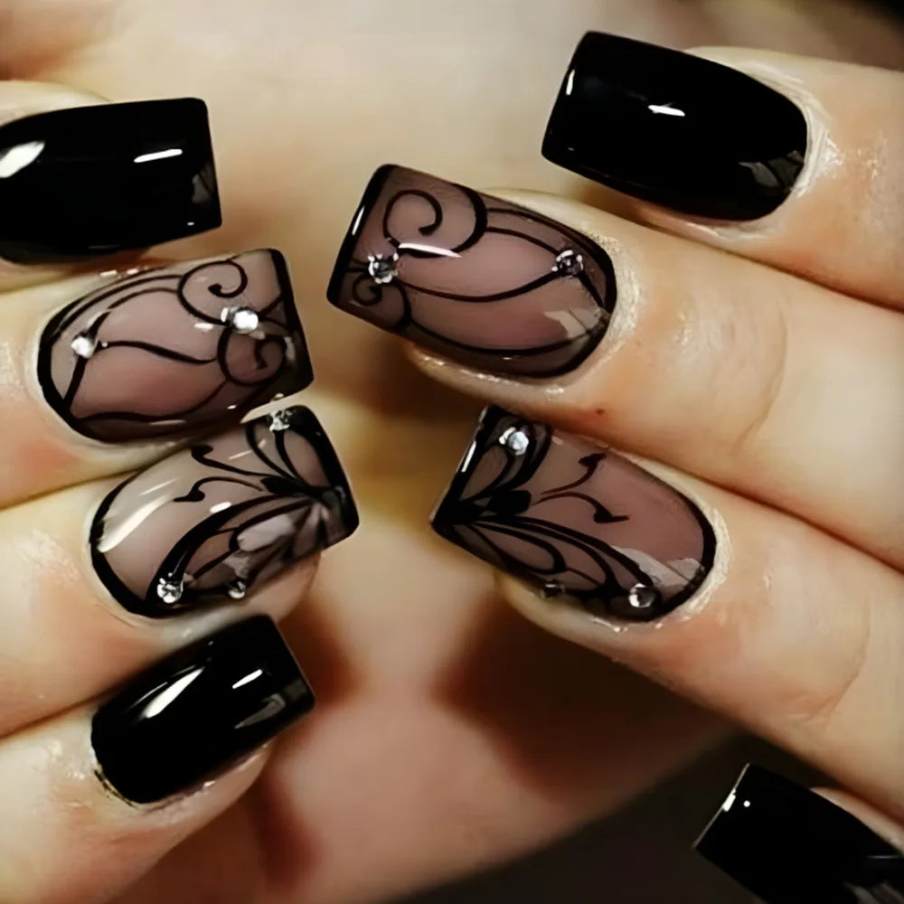 24pcs Spring Summer Flower Butterfly Press On Nails