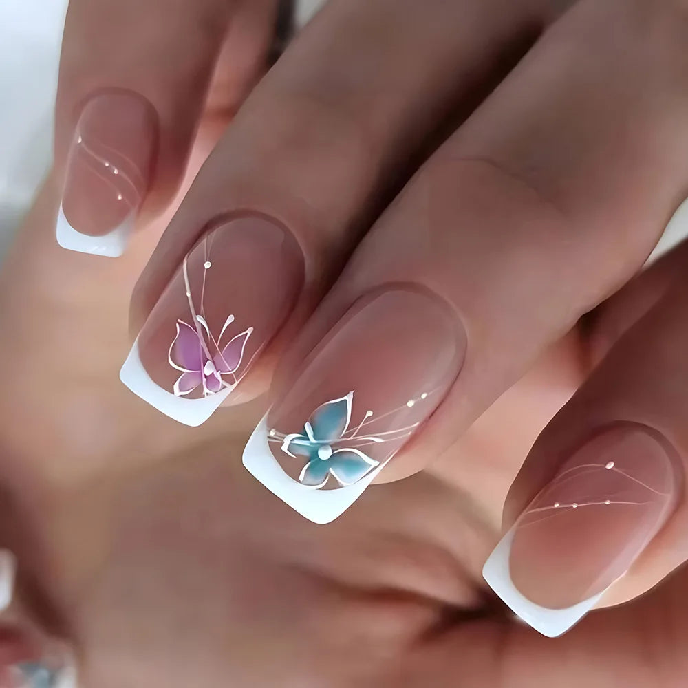 24pcs Spring Summer Flower Butterfly Press On Nails