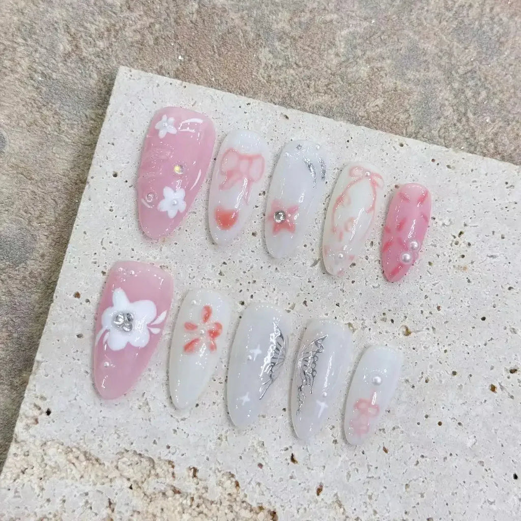 Almond Glitter Bowknot Press-On Nails