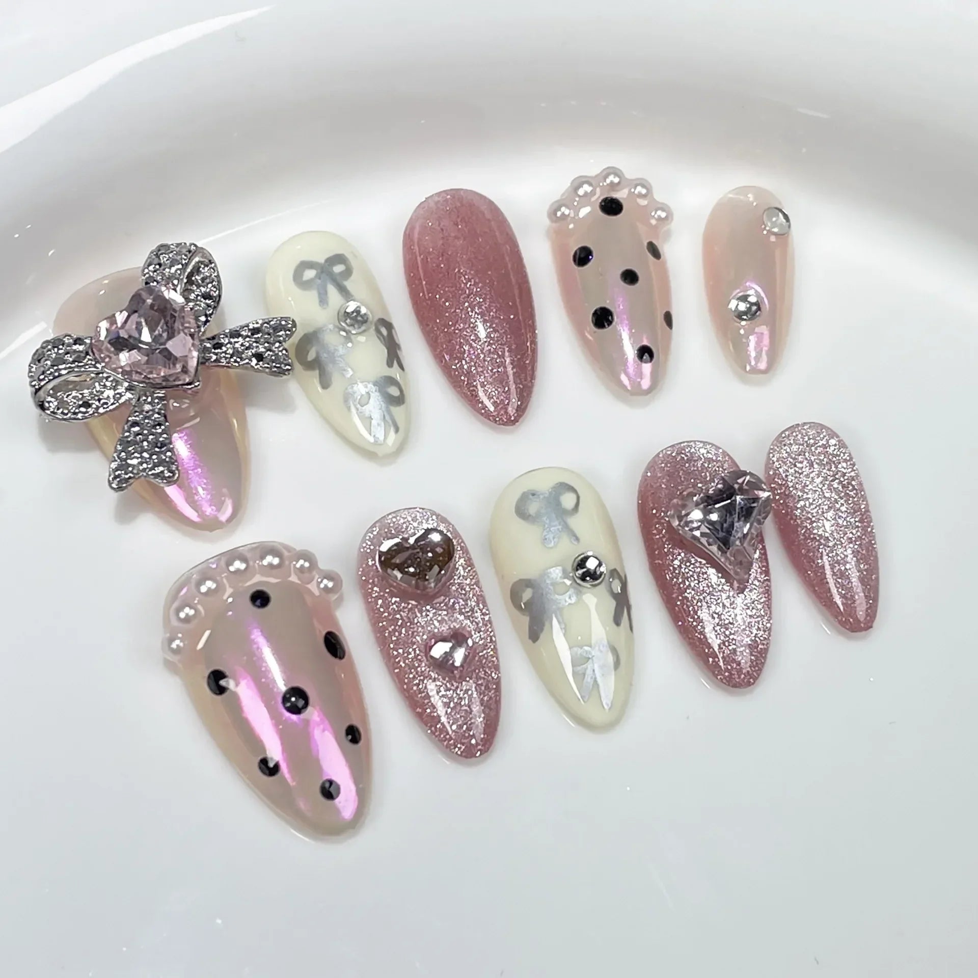 Almond Glitter Bowknot Press-On Nails