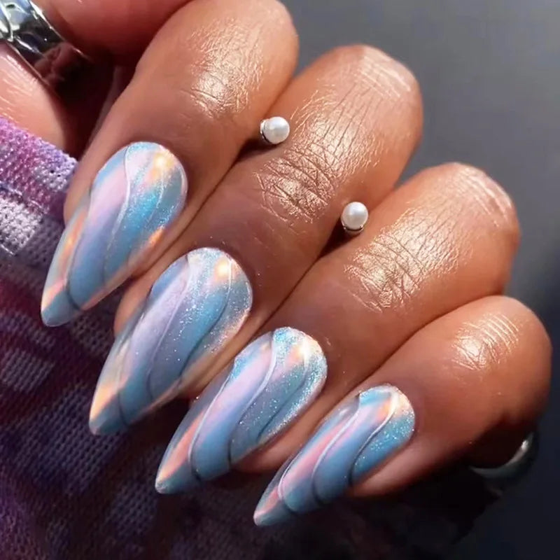 Gleaming Stiletto Black Cat's Eye Press-On Nails