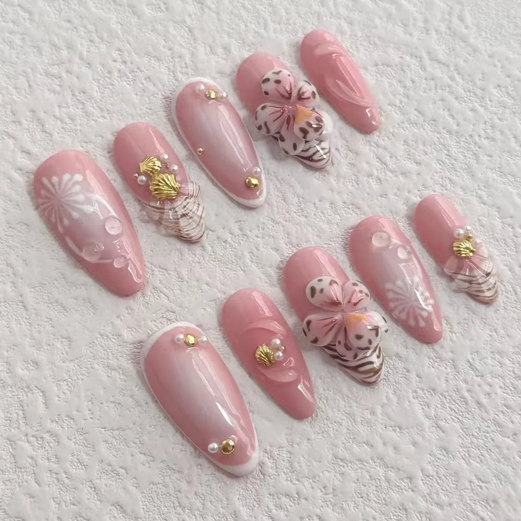 Handmade Press On Nails Set with Flowers
