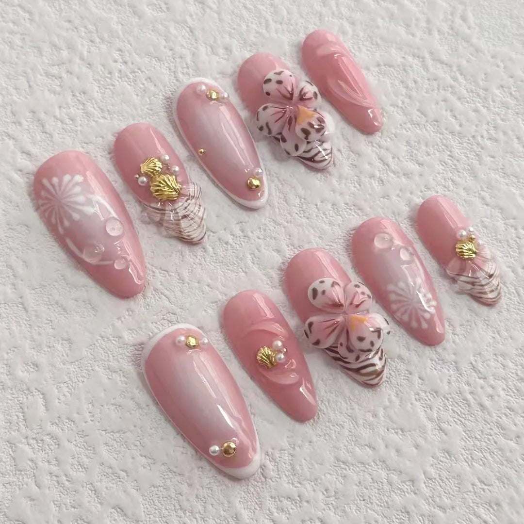 Handmade Press On Nails Set with Flowers