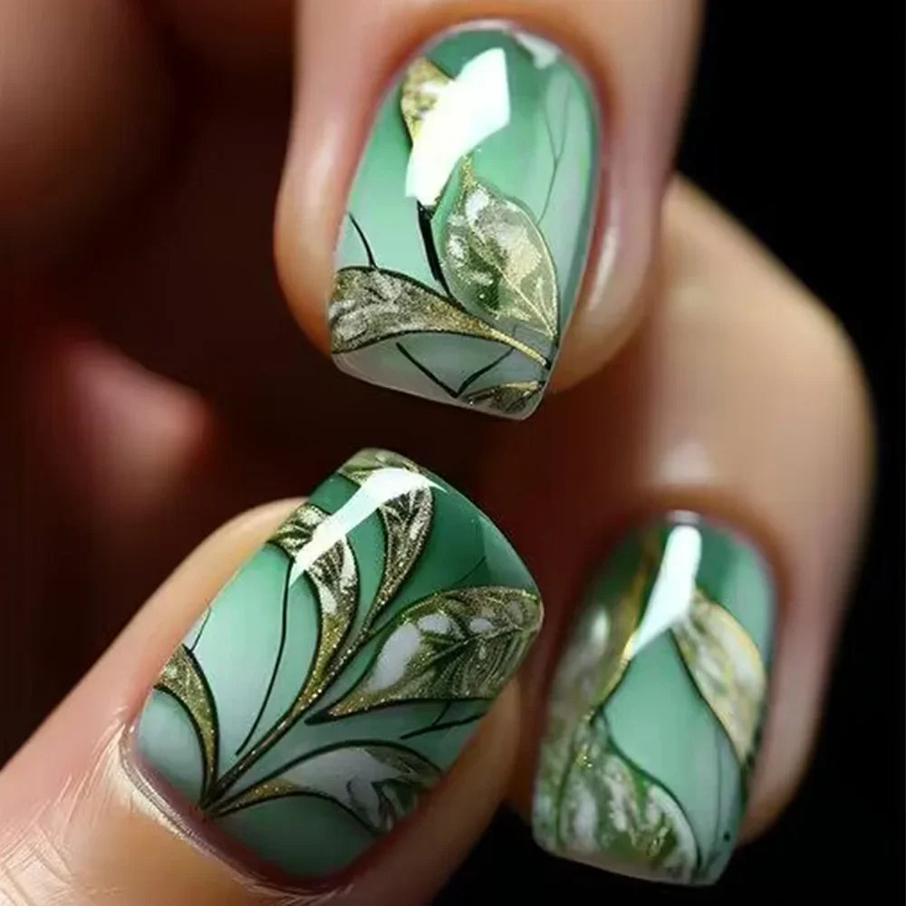 Jade Flower Glitter Press-On Nails